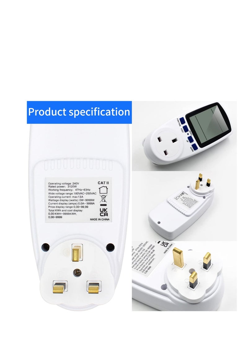 Excefore - Power Meter Energy Monitor 240V/13A Watt Meter Plug UK, Power Meter Electricity Usage Monitor, With Backlight LCD Display and 7 Monitoring Modes for Home Hotel Blue Backlight - Image 1