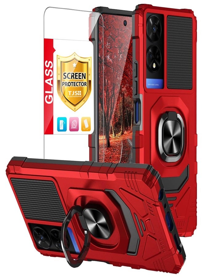 TJ's TJS Compatible for TCL 50 XE 5G (T614SP) Case, TCL 50 XE NXTPAPER 5G (T614WS) Case, with Tempered Glass Screen Protector, Metal Ring Magnetic Support Kickstand Phone Case for TCL 50XE (Red) - Image 1