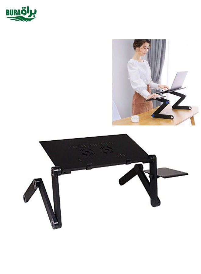 BURAQ Portable 360 Degree Adjustable Foldable Aluminium Alloy Desk Stand with Double CPU Fans & Mouse Pad for Laptop / Notebook, Desk Size: 420mm x 260mm (Black)  - Image 1