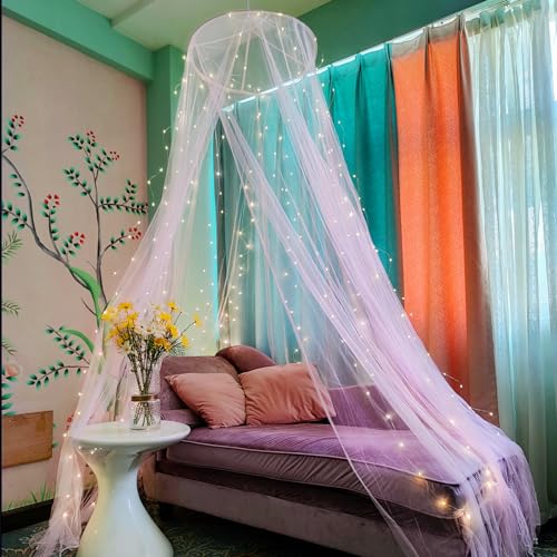Eimilaly Bed Canopy Mosquito Net with 250pcs Warm Curtain Lights, Bed Canopy for Girls Room Decor or Theme Party, White/Warm Lights - Image 1