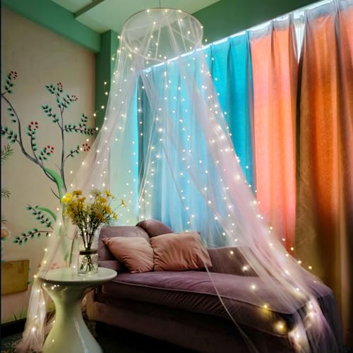 Eimilaly Bed Canopy Mosquito Net with 250pcs Warm Curtain Lights, Bed Canopy for Girls Room Decor or Theme Party, White/Warm Lights - Image 2