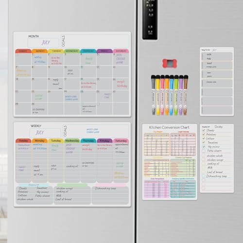 Hivillexun Magnetic Dry Erase Calendar Whiteboard Set 5Pack Includes Monthly Planner Weekly Planner Meal Organizer Conversion Chart Shopping List 8 Markers Eraser for Family Organization - Image 1