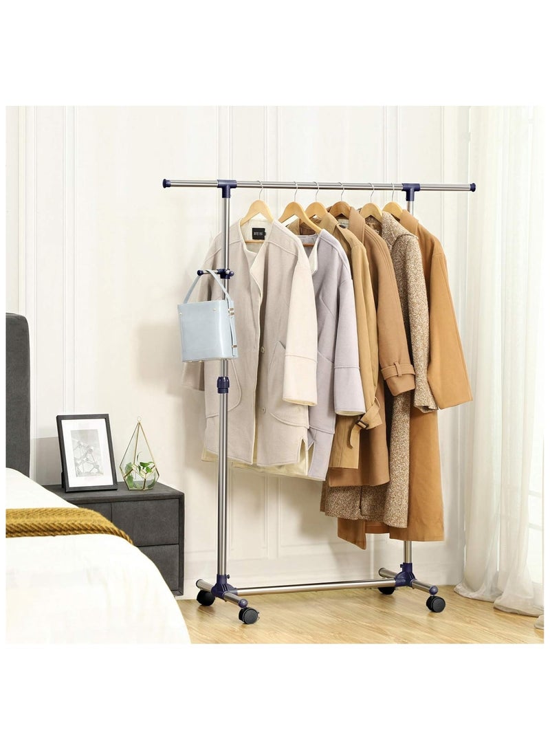 Mahmayi SONGMICS Adjustable Garment Coat Rack with Casters, Versatile Hanging Rail Clothes Stand in Silver and Blue Finish (150 x 44 x 165 cm) - Perfect for Home & Closet Organization - Image 1