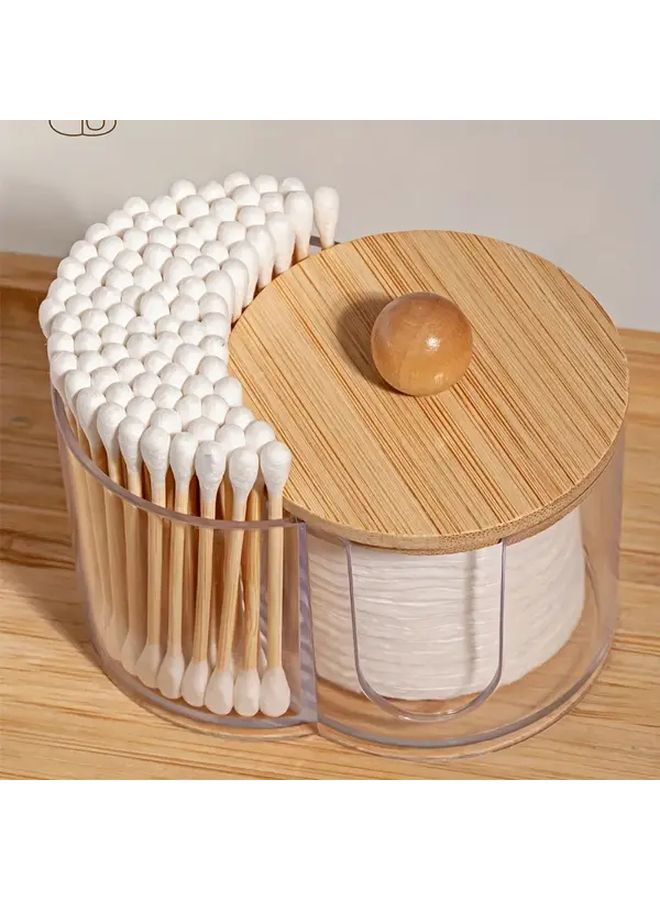 2 In 1 Transparent Plastic Makeup Organizer With Wooden Lid Dual Layer Cosmetic Storage Box For Swabs Pads Brushes Bathroom Vanity Organizer No Assembly Required Portable Freestanding Storage - Image 2