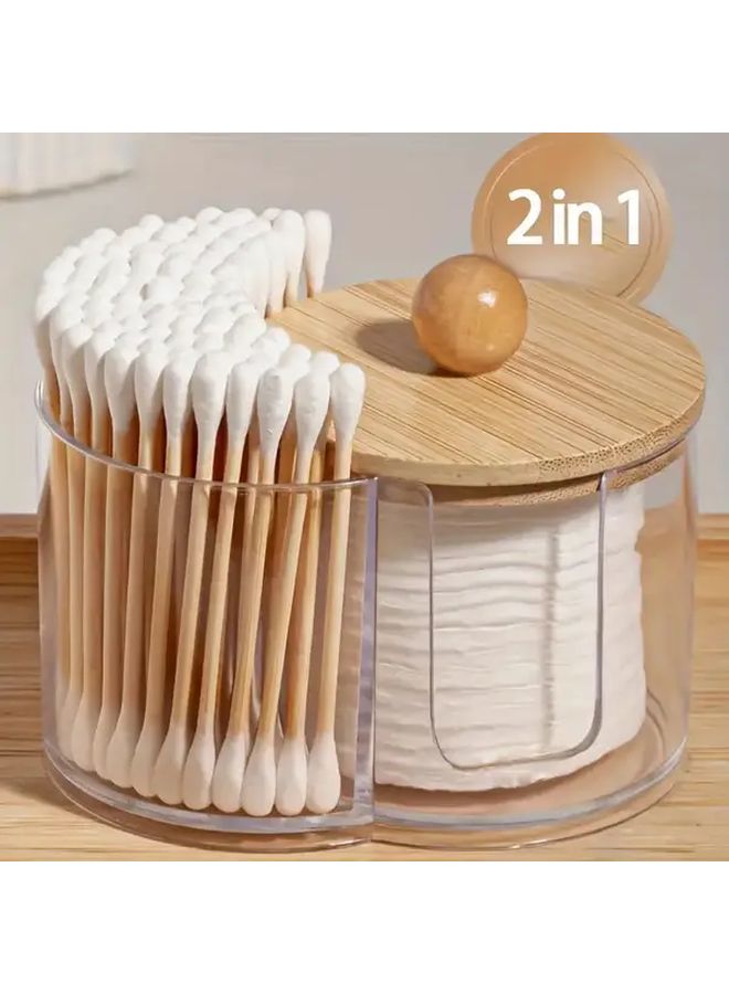 2 In 1 Transparent Plastic Makeup Organizer With Wooden Lid Dual Layer Cosmetic Storage Box For Swabs Pads Brushes Bathroom Vanity Organizer No Assembly Required Portable Freestanding Storage - Image 5