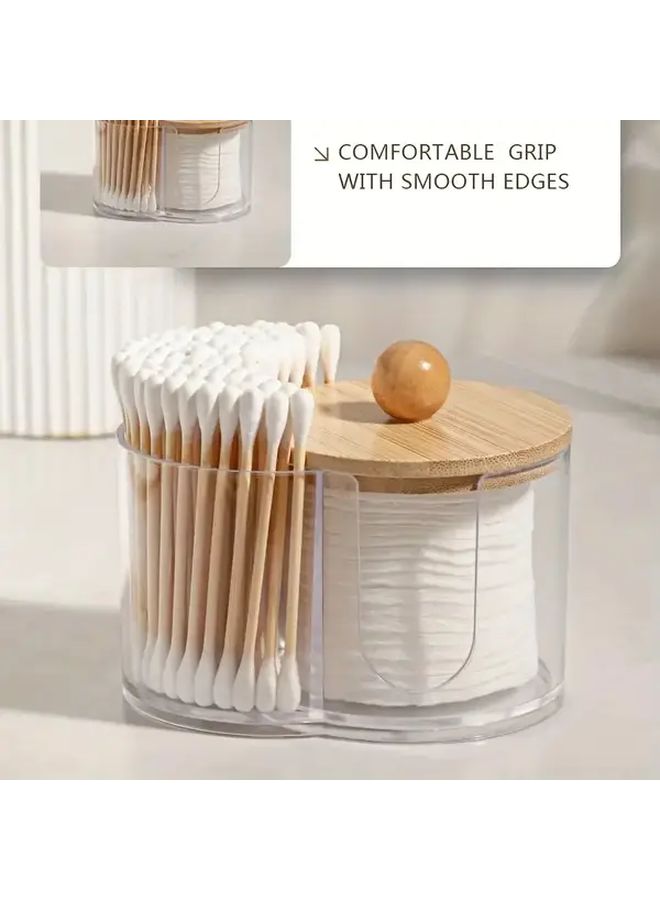 2 In 1 Transparent Plastic Makeup Organizer With Wooden Lid Dual Layer Cosmetic Storage Box For Swabs Pads Brushes Bathroom Vanity Organizer No Assembly Required Portable Freestanding Storage - Image 4