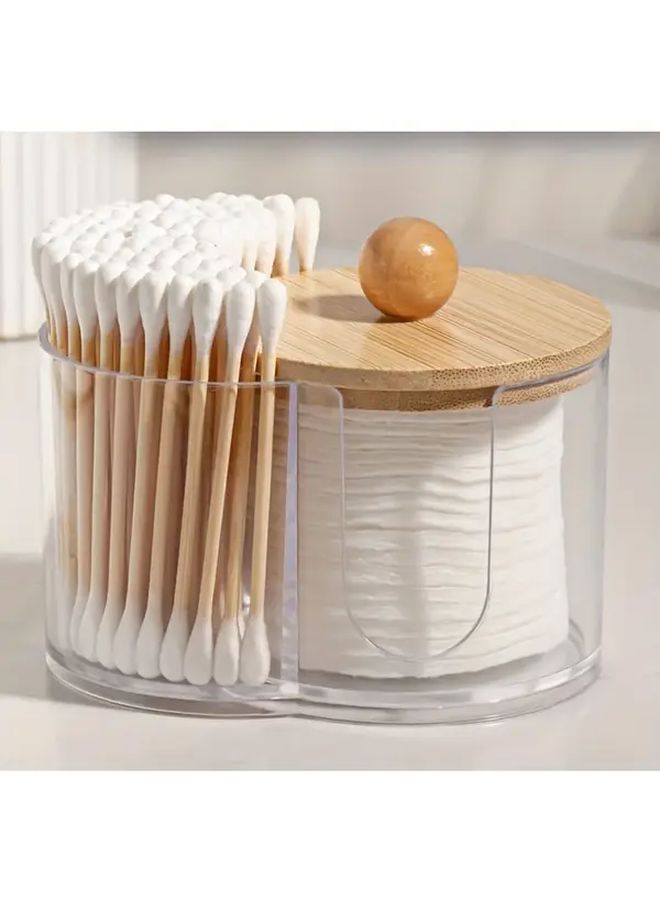 2 In 1 Transparent Plastic Makeup Organizer With Wooden Lid Dual Layer Cosmetic Storage Box For Swabs Pads Brushes Bathroom Vanity Organizer No Assembly Required Portable Freestanding Storage - Image 3