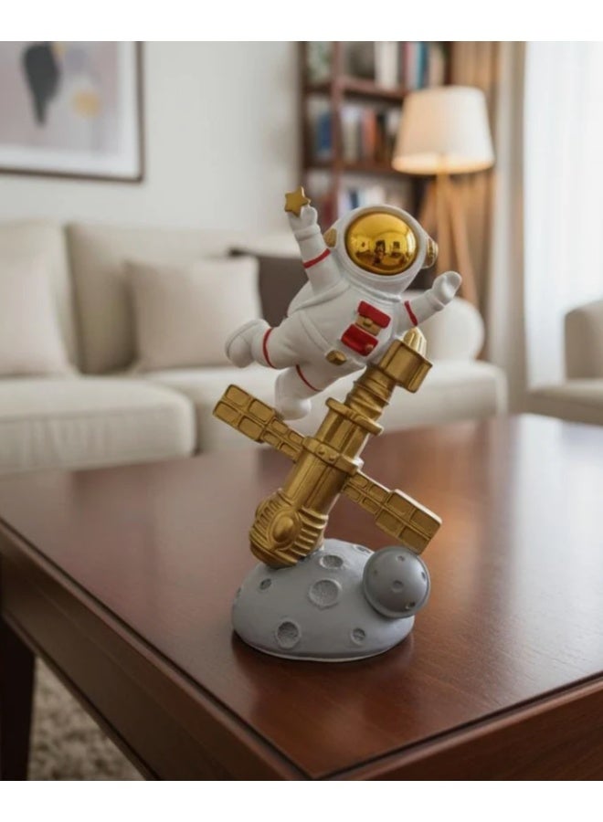 أي كي دي سي ديكور AKDC الخزفي لرائد فضاء متوازن على القمر الصناعي، مقاس 22 سم، باللونين الأبيض والذهبي | لمسة فنية مستقبلية للمنزل - Image 1