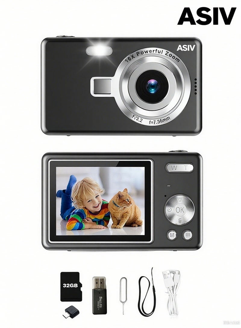 ASIV Digital Camera for Kids, Anti Shake Video Camera with 16X Zoom & 1080P, Point and Shoot Camera 32GB TF Card, Compact Small Camera for Boys Girls, Black - Image 1