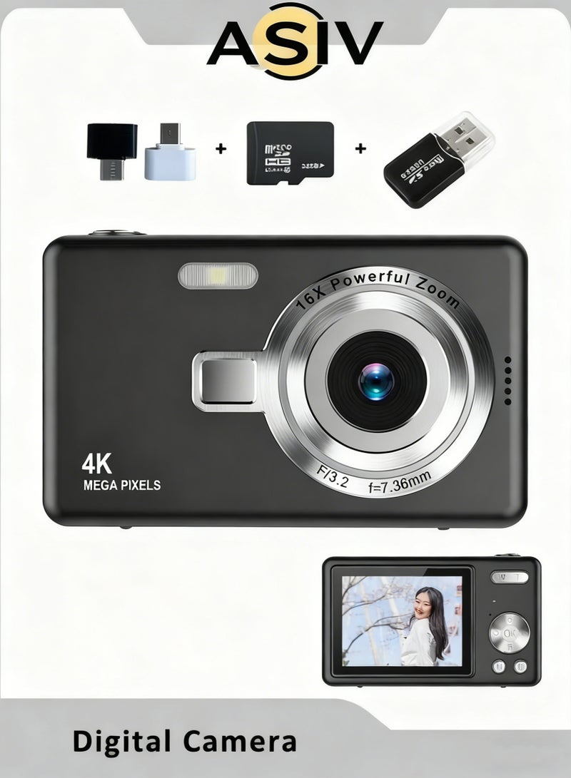 ASIV 4K Digital Camera | Anti-Shake Camcorder | 16x Optical Zoom | 1080P HD Video | 32GB TF Card | Portable Black Point-and-Shoot Camera - Image 1