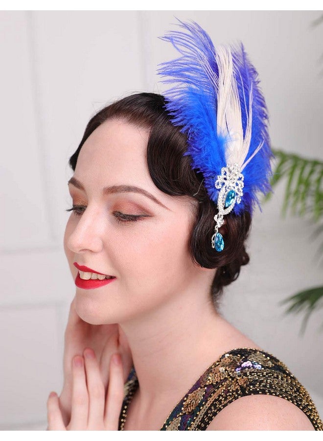 Aimimier 1920S Flapper Feather Hair Clip Blue Crystal Teardrop Great Gatsby Headpiece Prom Party Roaring 20S Hair Jewelry For Women And Girls (Style 2) - Image 1