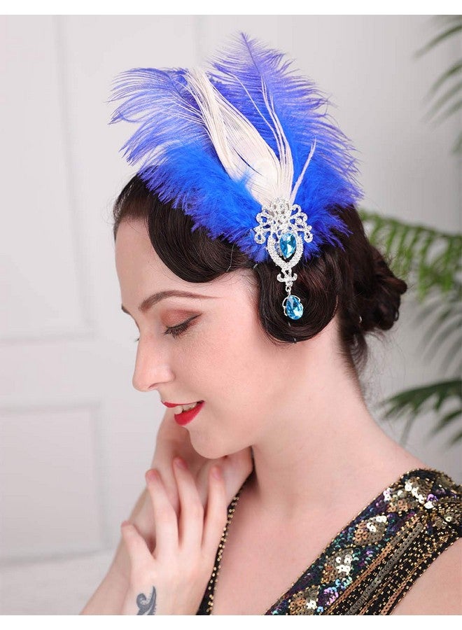 Aimimier 1920S Flapper Feather Hair Clip Blue Crystal Teardrop Great Gatsby Headpiece Prom Party Roaring 20S Hair Jewelry For Women And Girls (Style 2) - Image 2