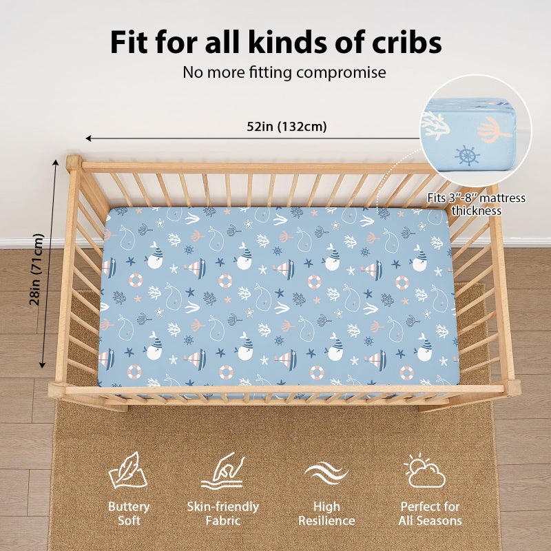 FIEMOL Baby Crib Sheets for Boys and Girls, 3 Pack Toddler Bed Sheets for 52â€x28â€ Standard Toddler Mattresses, Soft Microfiber Fitted Crib Sheets Neutral Blue Ocean Whale - Image 3