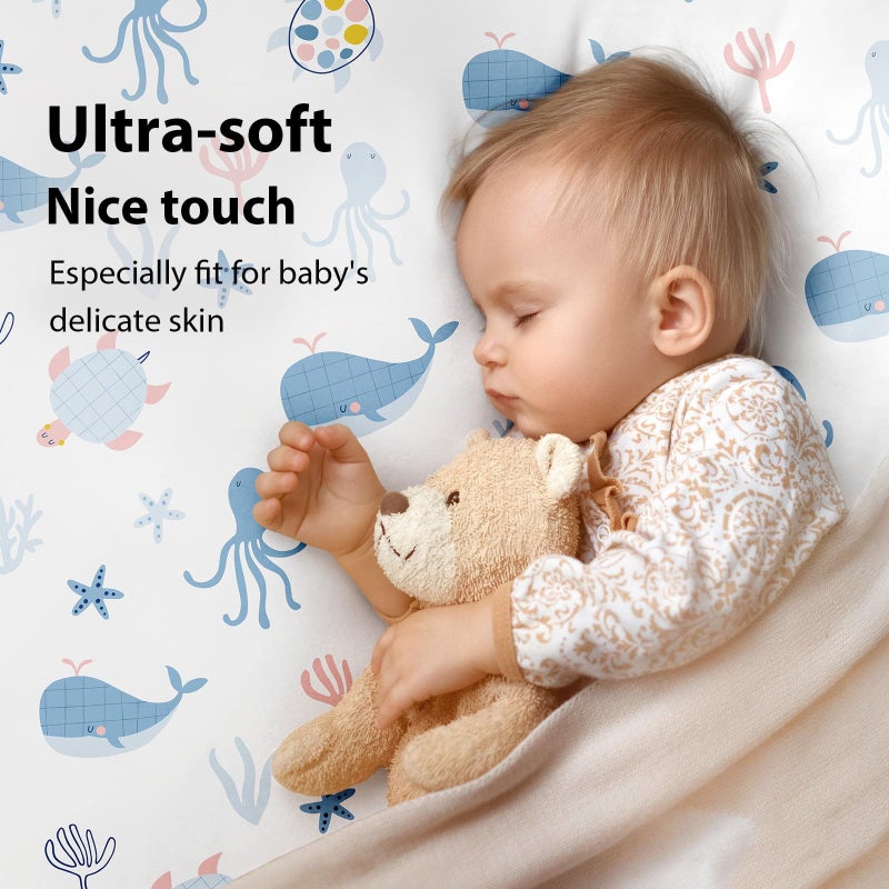 FIEMOL Baby Crib Sheets for Boys and Girls, 3 Pack Toddler Bed Sheets for 52â€x28â€ Standard Toddler Mattresses, Soft Microfiber Fitted Crib Sheets Neutral Blue Ocean Whale - Image 2