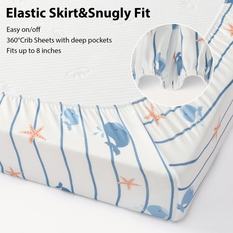 FIEMOL Baby Crib Sheets for Boys and Girls, 3 Pack Toddler Bed Sheets for 52â€x28â€ Standard Toddler Mattresses, Soft Microfiber Fitted Crib Sheets Neutral Blue Ocean Whale - Image 5