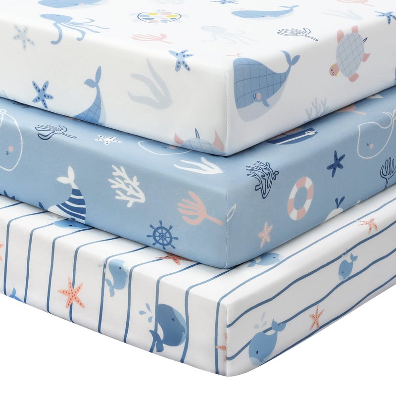 FIEMOL Baby Crib Sheets for Boys and Girls, 3 Pack Toddler Bed Sheets for 52â€x28â€ Standard Toddler Mattresses, Soft Microfiber Fitted Crib Sheets Neutral Blue Ocean Whale - Image 1