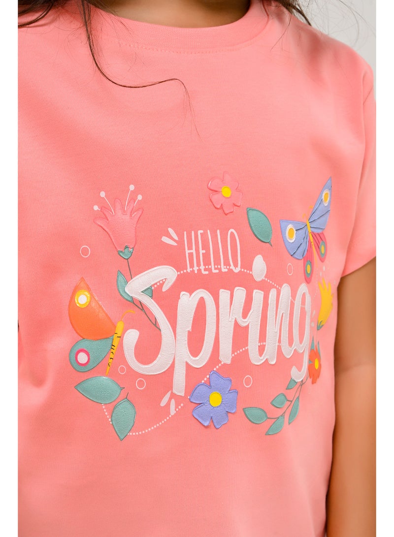 تي شيرت بناتي بطبعة Hello Spring - بأكمام قصيرة - Image 4