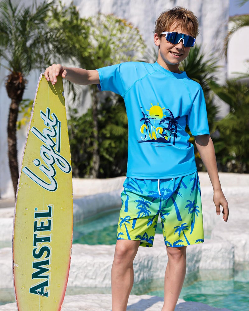 AuSletie Boys Two Piece Rash Guard Swimsuits Sets Kids Short Sleeve Swimsuits Bathing Suit with Swim Trunks Swimwear Set - Image 2