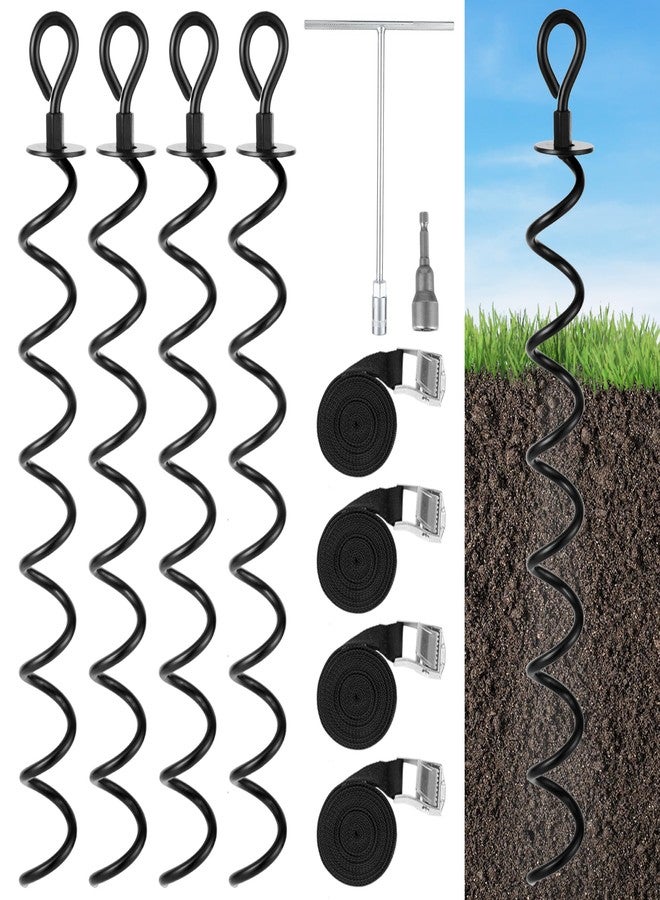 XYADX 22.4 Inch Ground Anchor Screw in,4 Pack Trampoline Stakes Anchor Kit,Heavy Duty Spiral Windproof Tie Down Kit with T-Hook&Reinforced Safety Straps for Trampolines, Sheds, Playsets&Tents,Black - Image 1