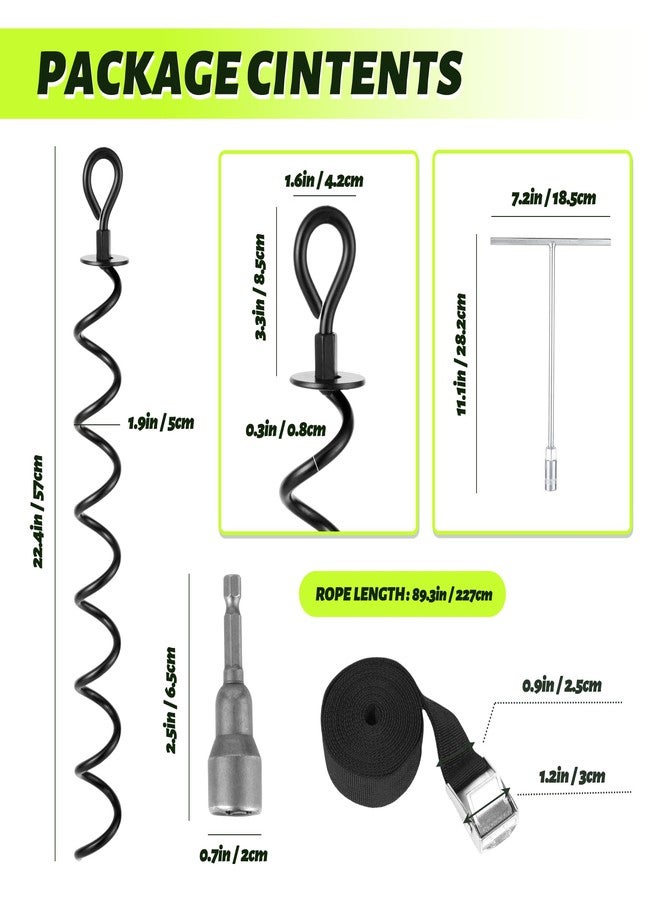 XYADX 22.4 Inch Ground Anchor Screw in,4 Pack Trampoline Stakes Anchor Kit,Heavy Duty Spiral Windproof Tie Down Kit with T-Hook&Reinforced Safety Straps for Trampolines, Sheds, Playsets&Tents,Black - Image 3
