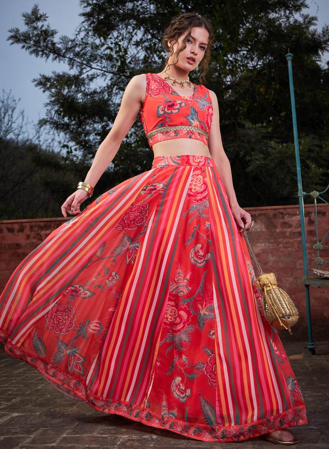 SASSAFRAS Red Floral Sleeveless Crop Top with Anarkali Skirt - Image 1