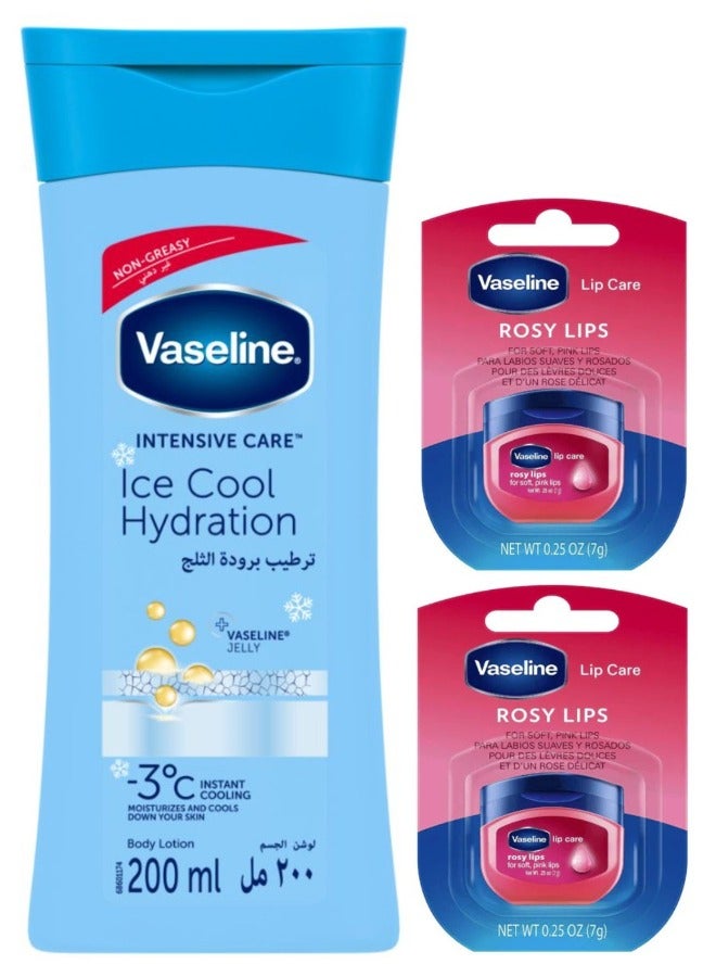 فازلين لوشن الجسم ترطيب برودة الثلج 200 مل بالإضافة إلى قطعتين فازلين معالج شفاه روزي ليبس - Image 1