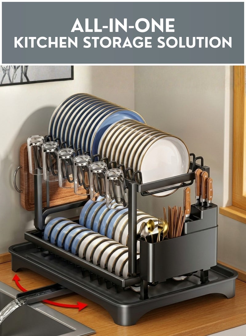 رف تجفيف الأطباق مع صينية تصريف وحامل أدوات المائدة - حامل تجفيف أطباق للمطبخ، منظم موفر للمساحة للأطباق والأوعية، رف أطباق مقاوم للصدأ يُوضع فوق حوض المطبخ - Image 2