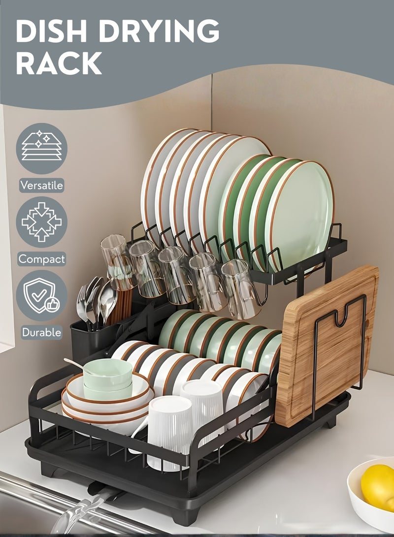 رف تجفيف الأطباق مع صينية تصريف وحامل أدوات المائدة - حامل تجفيف أطباق للمطبخ، منظم موفر للمساحة للأطباق والأوعية، رف أطباق مقاوم للصدأ يُوضع فوق حوض المطبخ - Image 1