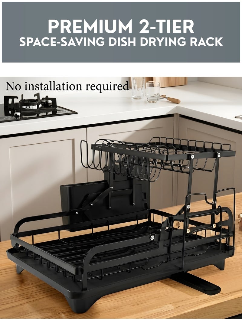 رف تجفيف الأطباق مع صينية تصريف وحامل أدوات المائدة - حامل تجفيف أطباق للمطبخ، منظم موفر للمساحة للأطباق والأوعية، رف أطباق مقاوم للصدأ يُوضع فوق حوض المطبخ - Image 4