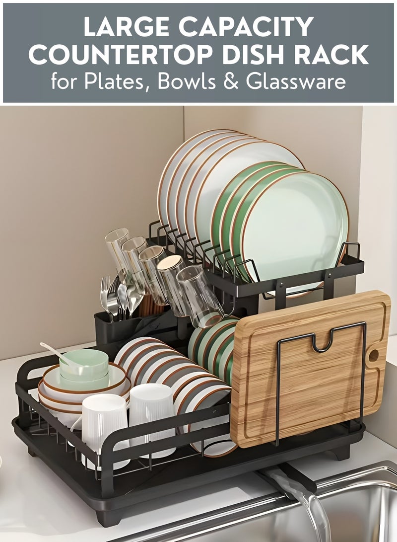 رف تجفيف الأطباق مع صينية تصريف وحامل أدوات المائدة - حامل تجفيف أطباق للمطبخ، منظم موفر للمساحة للأطباق والأوعية، رف أطباق مقاوم للصدأ يُوضع فوق حوض المطبخ - Image 3