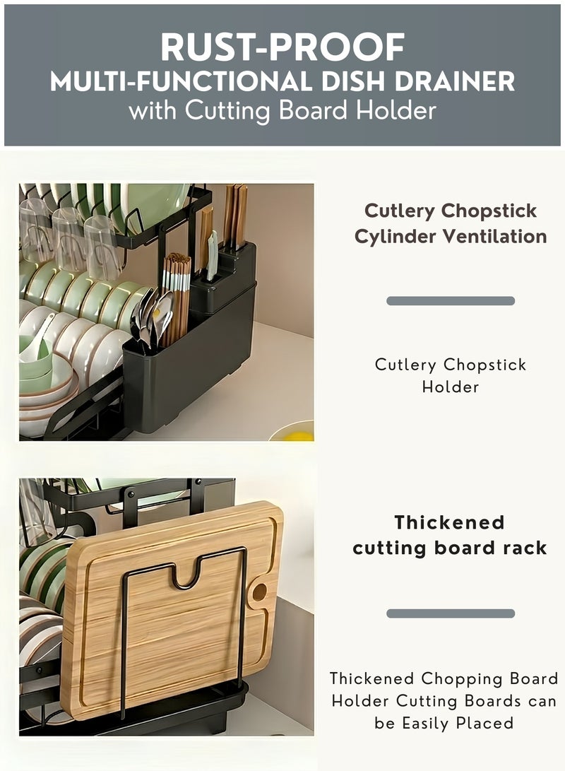 رف تجفيف الأطباق مع صينية تصريف وحامل أدوات المائدة - حامل تجفيف أطباق للمطبخ، منظم موفر للمساحة للأطباق والأوعية، رف أطباق مقاوم للصدأ يُوضع فوق حوض المطبخ - Image 5
