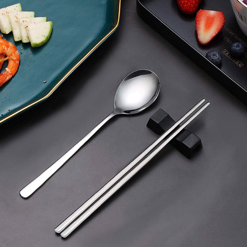Iqcwood Spoon And Chopsticks Set 5 Pair Stainless Steel Metal Chopsticks Spoon Set 5 Set Korean Chopsticks And Spoons Reusable Flat Long Handle Chopstick Spoon Set For Home Kitchen Or Restaurant - Image 4