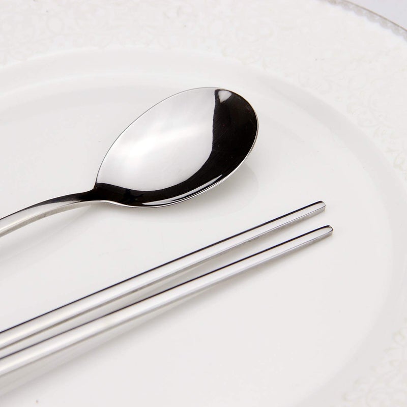 Iqcwood Spoon And Chopsticks Set 5 Pair Stainless Steel Metal Chopsticks Spoon Set 5 Set Korean Chopsticks And Spoons Reusable Flat Long Handle Chopstick Spoon Set For Home Kitchen Or Restaurant - Image 3