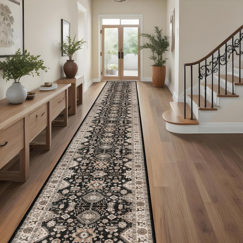 TOPRUUG Washable Hallway Runner Rug 3x20: Non Slip Runner Rugs with Rubber Backing Soft Kitchen Rug Farmhouse Distressed Carpet Runner for Living Room Bedroom Bathroom (Black, 3X20) - Image 1