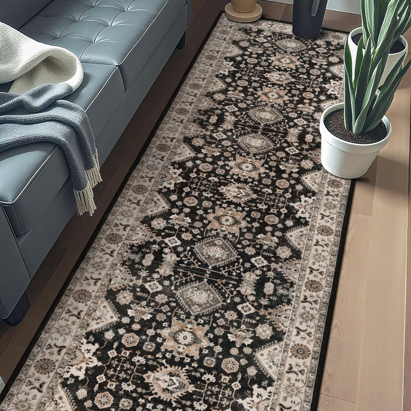 TOPRUUG Washable Hallway Runner Rug 3x20: Non Slip Runner Rugs with Rubber Backing Soft Kitchen Rug Farmhouse Distressed Carpet Runner for Living Room Bedroom Bathroom (Black, 3X20) - Image 2