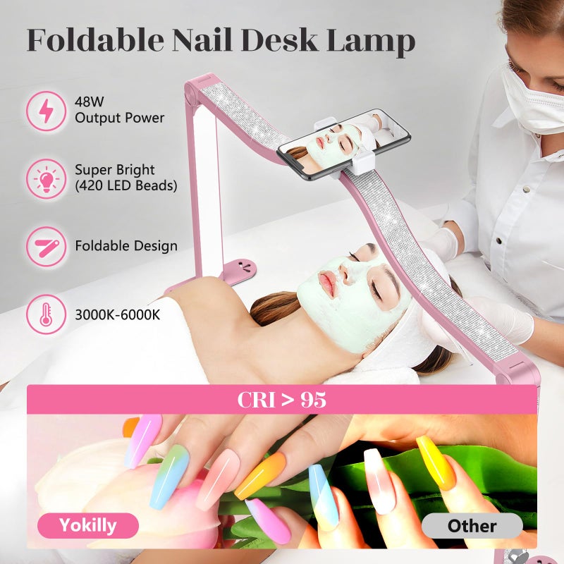 Yokilly Arc Half Moon Light: 34" Shadow-Free Half Moon Light for Desk Salon - Foldable LED Desk Lamp with Stepless Brightness for Manicurist (Rose Pink) - Image 2