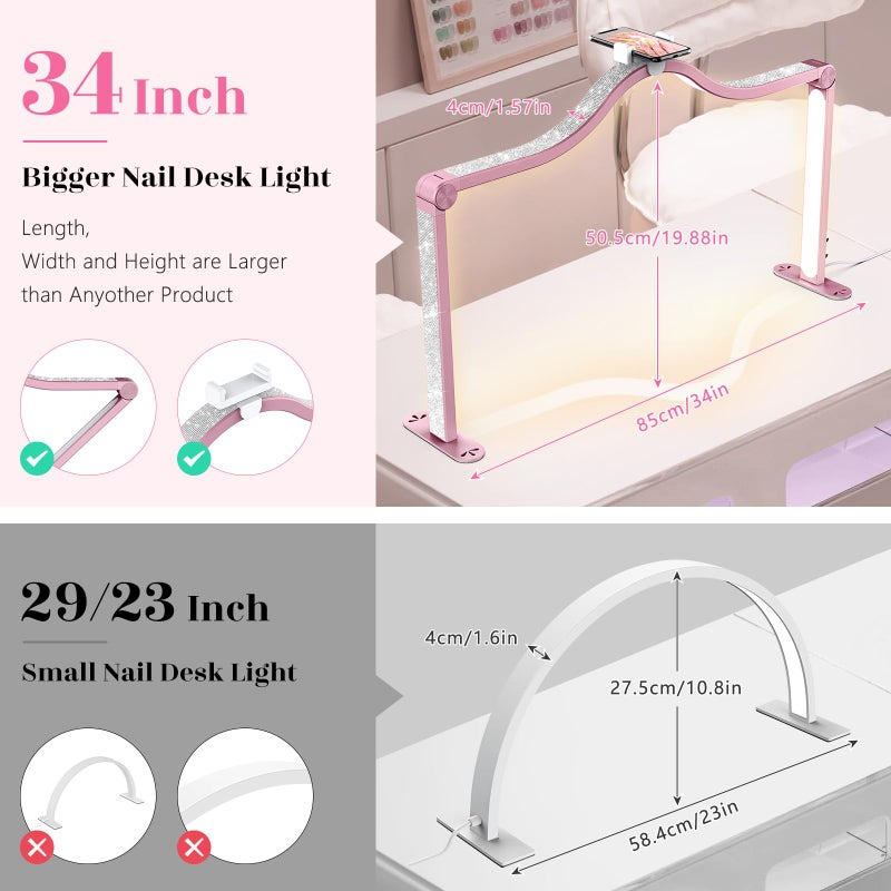 Yokilly Arc Half Moon Light: 34" Shadow-Free Half Moon Light for Desk Salon - Foldable LED Desk Lamp with Stepless Brightness for Manicurist (Rose Pink) - Image 4