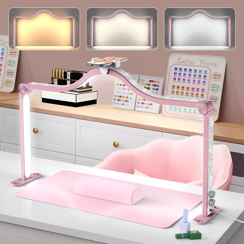Yokilly Arc Half Moon Light: 34" Shadow-Free Half Moon Light for Desk Salon - Foldable LED Desk Lamp with Stepless Brightness for Manicurist (Rose Pink) - Image 1