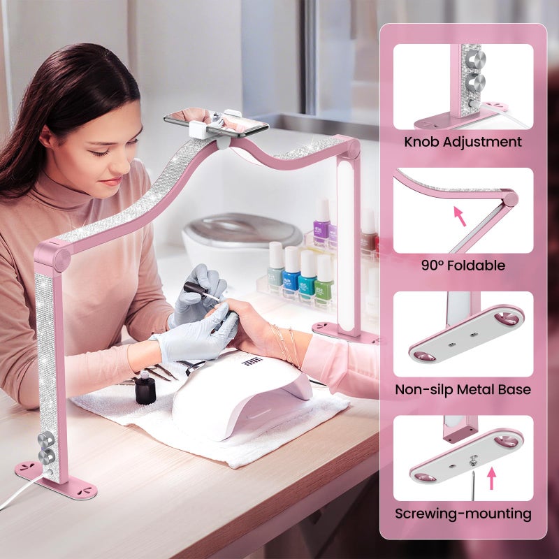 Yokilly Arc Half Moon Light: 34" Shadow-Free Half Moon Light for Desk Salon - Foldable LED Desk Lamp with Stepless Brightness for Manicurist (Rose Pink) - Image 5