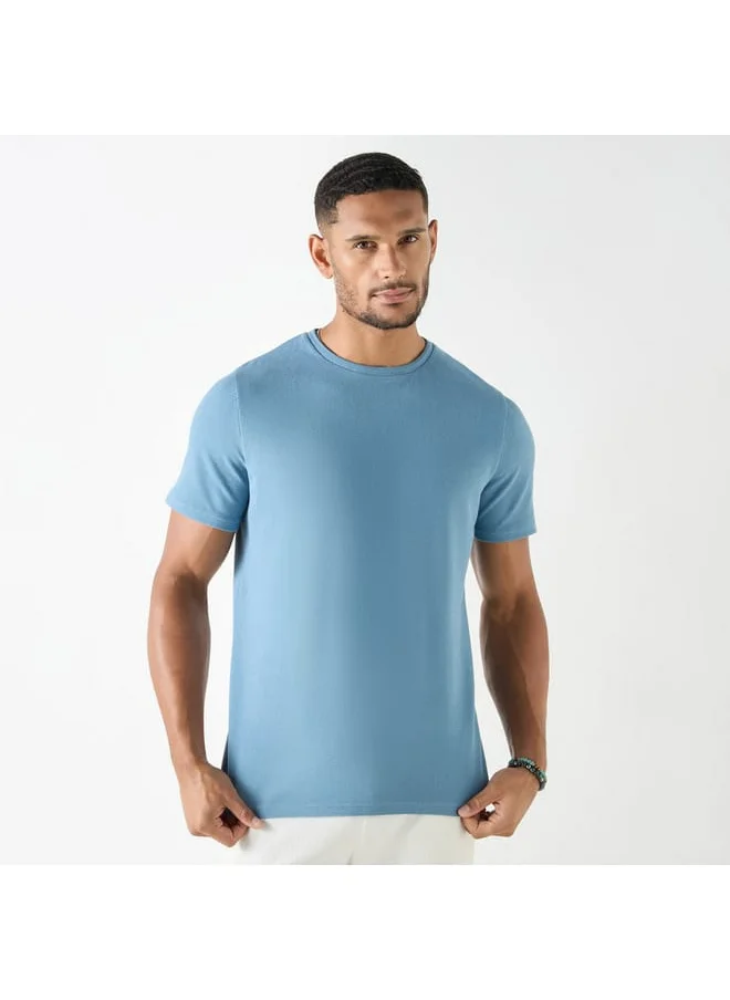 Iconic Iconic Textured Crew Neck T-Shirt with Short Sleeves