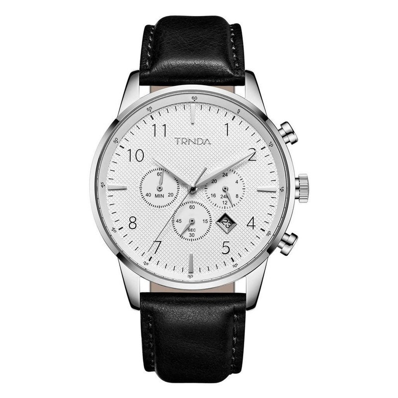 TRNDA MEN'S STAINLESS STEEL TIMEPIECE - ELEGANT SILVER & BLACK LEATHER FASHION WATCH - Image 1