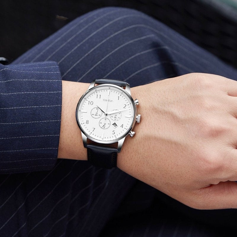 TRNDA MEN'S STAINLESS STEEL TIMEPIECE - ELEGANT SILVER & BLACK LEATHER FASHION WATCH - Image 2