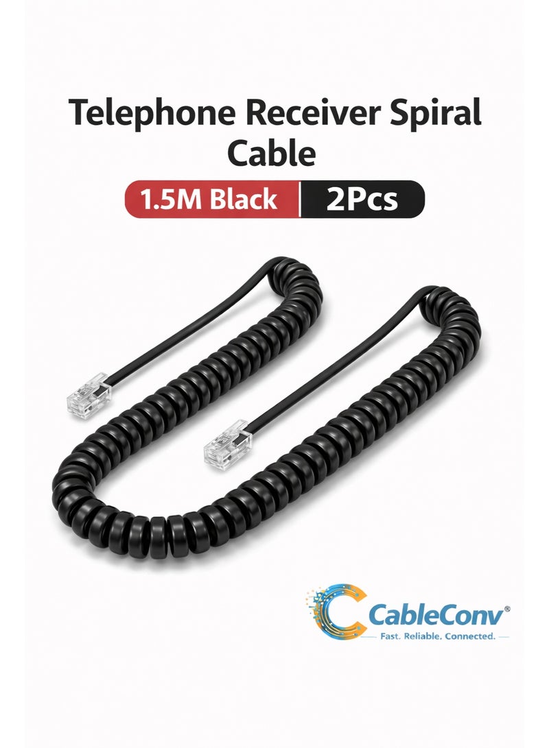CABLE CONV Telephone Receiver Spiral Cable 1.5M Black (2Pcs) – RJ9/RJ11 Handset Cord Replacement for Landline Phones | Coiled Telephone Handset Cable - Image 1