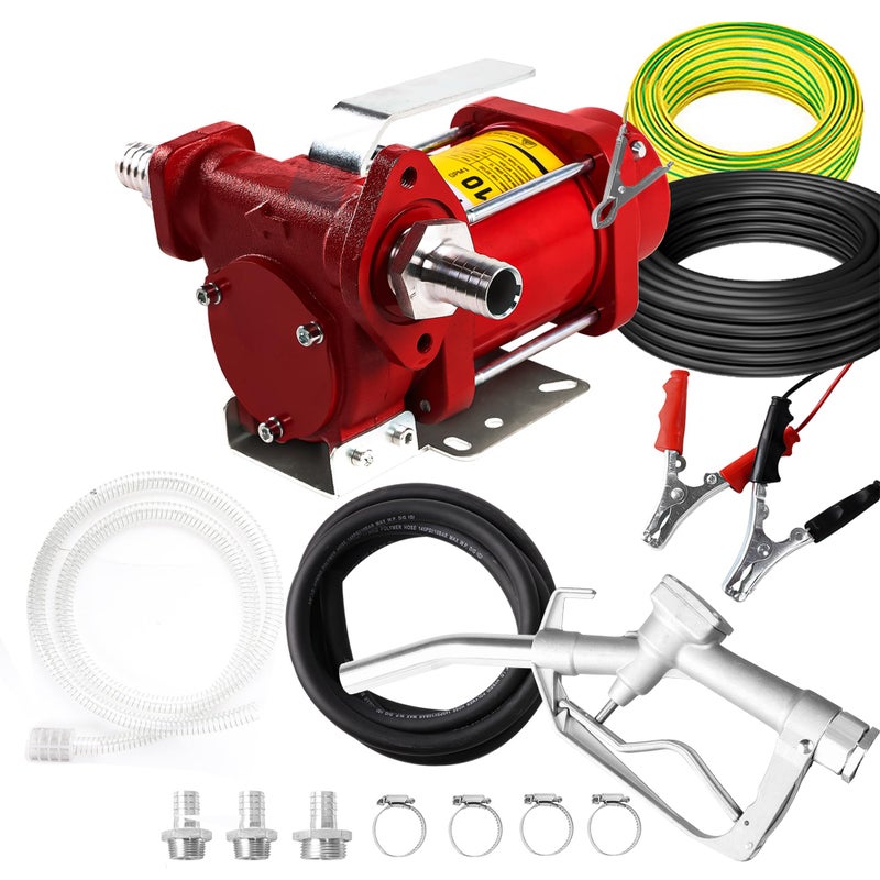 PRUNkuar 12V Fuel Transfer Pump wManual Nozzle Hose 10 GPM High Flow DC Diesel Transfer Pump Heavy Duty Fuel Oil Transfer Pump with Hoses for Gasoline Diesel Kerosene More