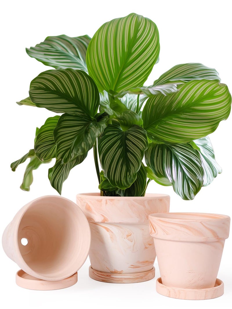 INGOFIN Terracotta Plant Pots 4.7/5.1/6.3 Inch Set of 3, Pink White Clay Flower Pots with Drainage Holes & Tray Saucer, Breathable Garden Planters for Indoor Outdoor, Succulent, Cactus, Herbs - Image 1