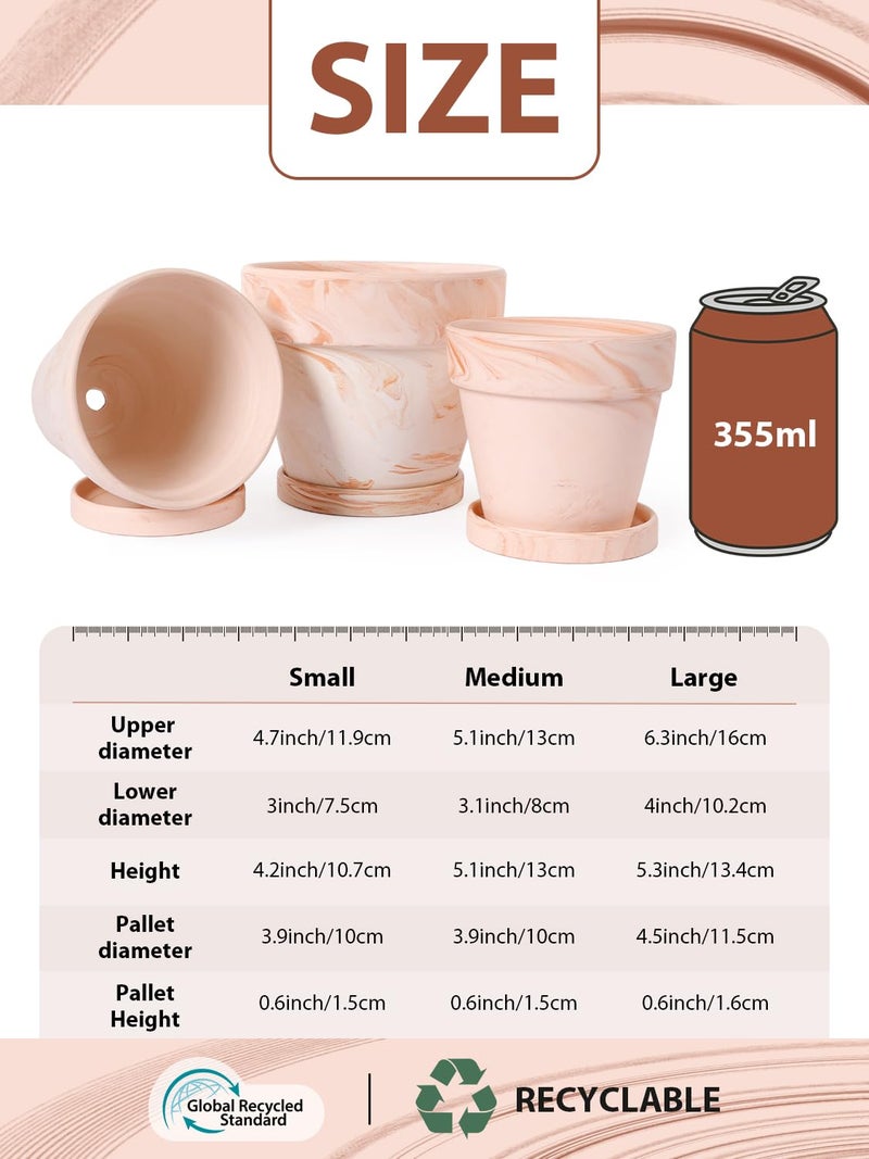 INGOFIN Terracotta Plant Pots 4.7/5.1/6.3 Inch Set of 3, Pink White Clay Flower Pots with Drainage Holes & Tray Saucer, Breathable Garden Planters for Indoor Outdoor, Succulent, Cactus, Herbs - Image 2