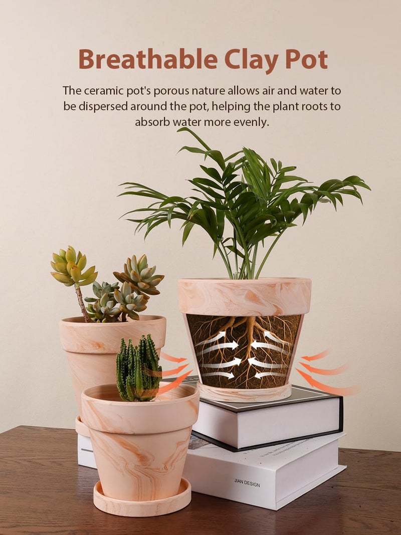 INGOFIN Terracotta Plant Pots 4.7/5.1/6.3 Inch Set of 3, Pink White Clay Flower Pots with Drainage Holes & Tray Saucer, Breathable Garden Planters for Indoor Outdoor, Succulent, Cactus, Herbs - Image 4
