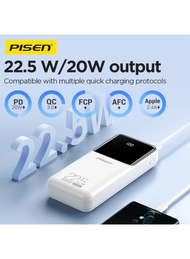 PISEN 20000mAh Power Bank, 22.5W Fast Charging, Semi Mirror Design, PD3.0 & QC3.0, USB-A/Type-C/Micro Input & Output, Portable External Battery TP-D039 - Image 4
