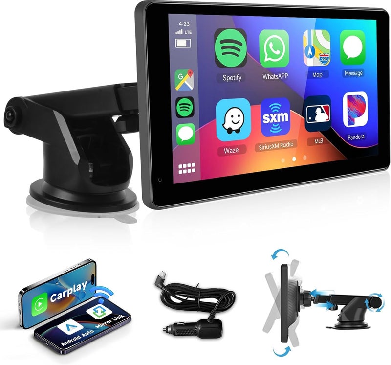 Podofo شاشة بودوفو اللاسلكية للسيارة Carplay، شاشة تعمل باللمس 7 بوصة 1080P HD IPS، أجهزة استقبال راديو السيارة المحمولة، شاشة أندرويد أوتو لاسلكية 2 تثبيت/2 بلوتوث/MirrorLink/GPS/تحكم صوتي/AUX/إرسال FM - Image 1