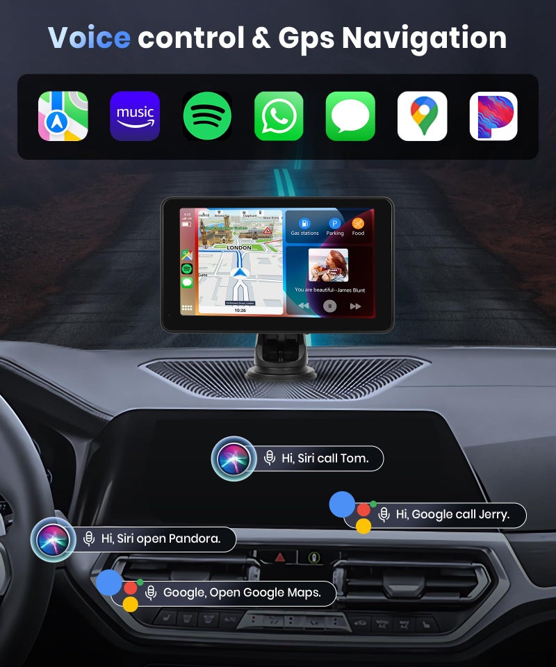 Podofo شاشة بودوفو اللاسلكية للسيارة Carplay، شاشة تعمل باللمس 7 بوصة 1080P HD IPS، أجهزة استقبال راديو السيارة المحمولة، شاشة أندرويد أوتو لاسلكية 2 تثبيت/2 بلوتوث/MirrorLink/GPS/تحكم صوتي/AUX/إرسال FM - Image 2